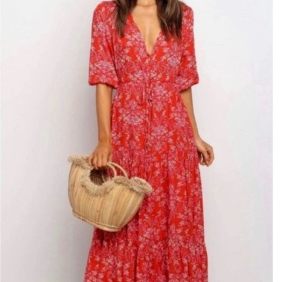 Anthropologie Abel the Label Strawberry Kisses V Neck Maxi Dress Boho Preppy - Picture 1 of 7